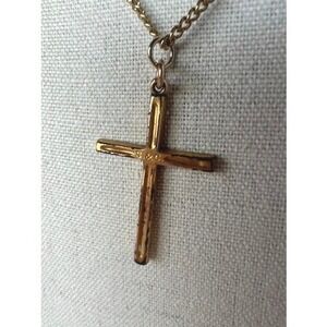 S&C Cross Pendant Necklace 24" Curb Chain Gold‎ Tone Vintage Signed Engraved